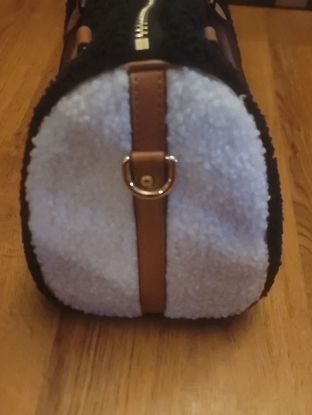 Black and White Sherpa Tote/Crossbody Bag with Tan Handles